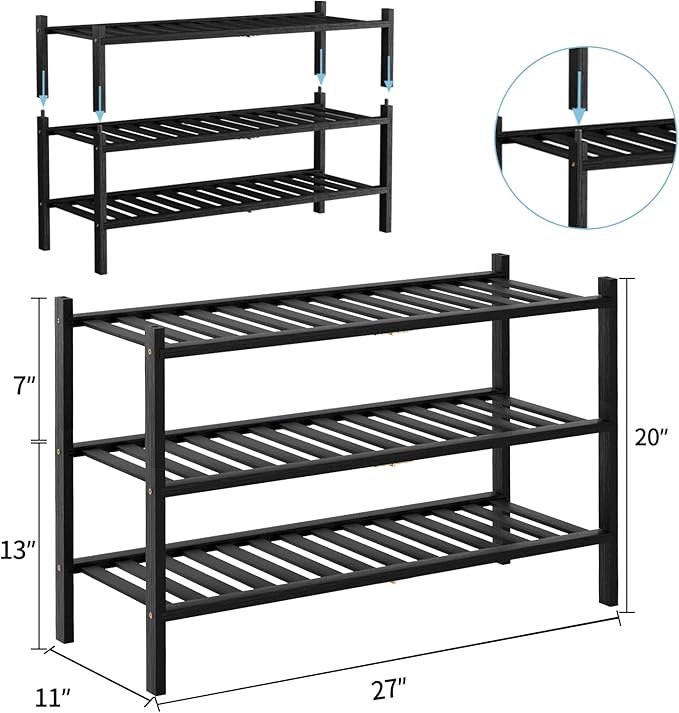 Shoe Rack, 3 Tier Bamboo Shoe Rack for Closet, Stackable Wooden Shoe Organizer, Free Standing Wood Shoe Shelf for Entryway Small Space, 27" x 11" x 20", Black-NeatNest