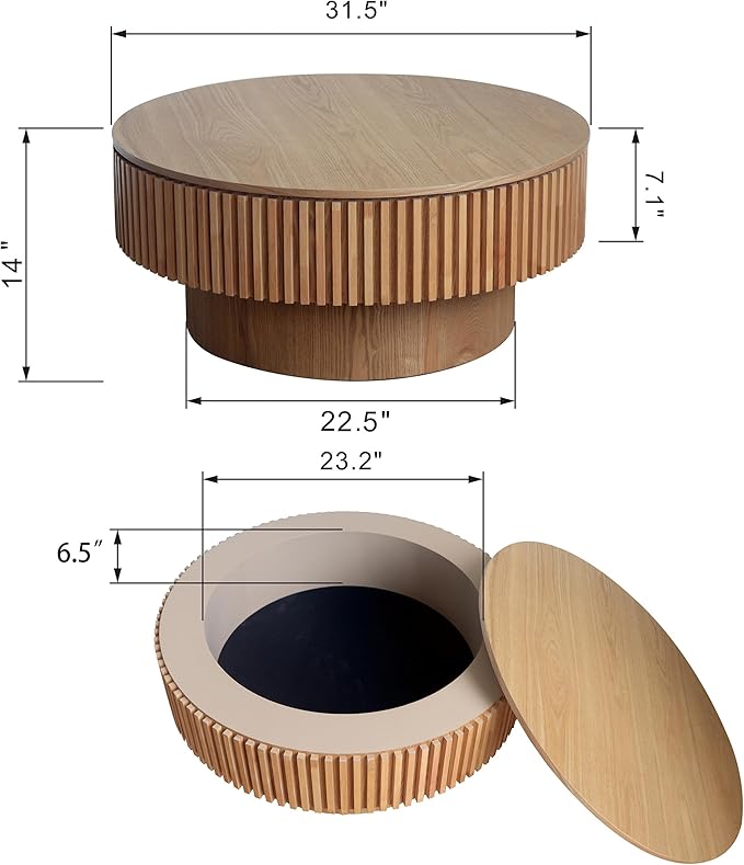 kevinplus 31.5'' Round Coffee Table with Storage Space, Modern Wood Circle Fluted Drum Pedestal Coffee Table for Living Room, Easy Assembly, Oak (ø31.49'' x 14'')