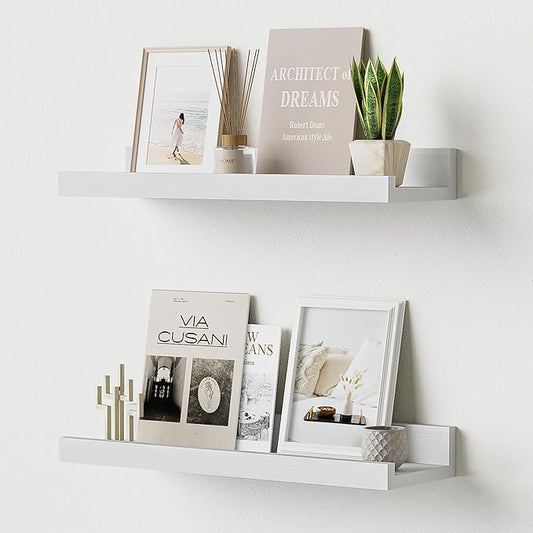 Floating Shelves for Wall, 16 inch Solid Wood Picture Ledge Shelf, Picture Shelf for Wall with Ledge, Floating Book Shelves for Living Room Bedroom Kitchen Nursery Decor, White, Set of 2-NeatNest