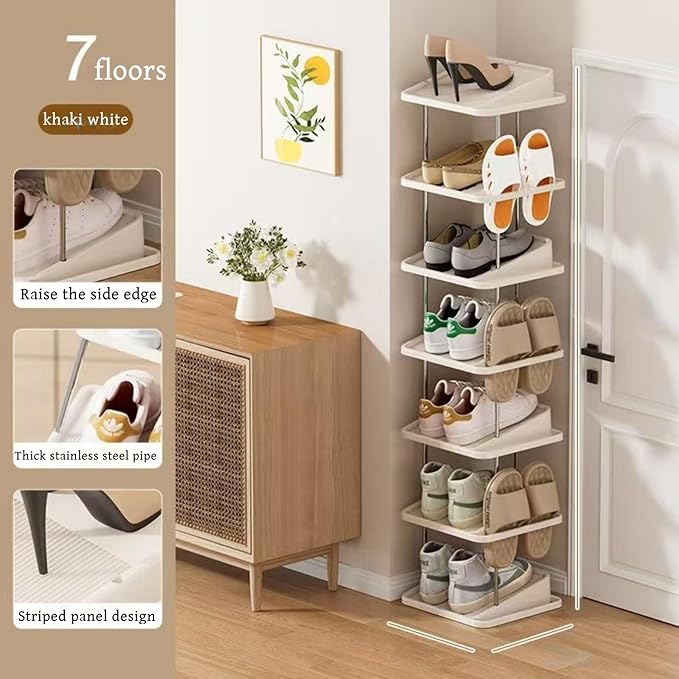 Vertical Shoe Rack,7 Tiers Stackable Shoe Rack for 14 Pairs,Narrow Shoe Tower,Space Saving,for Entryway,Living Room,Bedroom,Closet,DIY Free Standing Shoe Organizer(Khaki,7 Tiers)-NeatNest