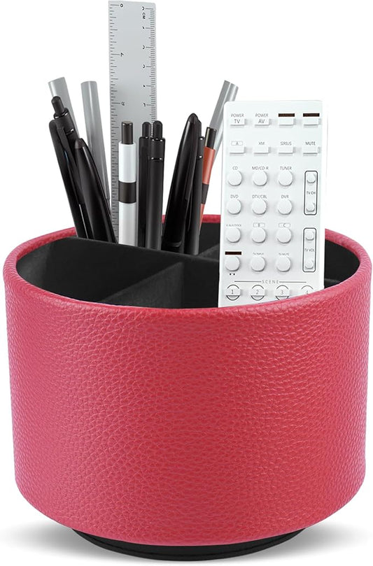 Hennaja Round Leather Art Supply Organizer,Remote Control Holder,360 Degree Spinning,Multi-Functional Pencil Holder,4 Compartments Desktop Stationary Organizer(1-Lichee Red)-NeatNest