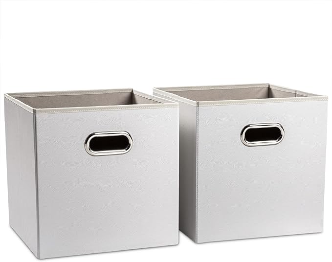 PRANDOM Leather Foldable Cube Storage Bins 13x13 inch [2-Pack] Fabric Storage Baskets Cubes Drawer with Cotton Handles Organizer for Shelves Nursery Closet Bedroom Clothes Cream-NeatNest