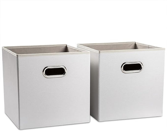 PRANDOM Leather Foldable Cube Storage Bins 13x13 inch [2-Pack] Fabric Storage Baskets Cubes Drawer with Cotton Handles Organizer for Shelves Nursery Closet Bedroom Clothes Cream-NeatNest