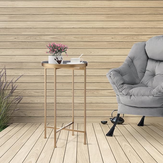HollyHOME Small Round Metal Waterproof End Table, Accent Indoor&Outdoor Coffee Side Table, Snack Sofa Table for Living Room, Anti-Rust Decorative Plant Stand, (D) 14.5" x (H) 25", Gold/Grey-NeatNest