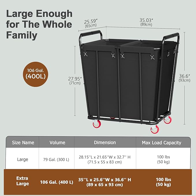 Hoctieon 2 Section Laundry Sorter Cart, 400L Rolling Hamper with Wheels, Industrial Laundry Basket Organizer, Extra Large Dirty Clothes Hamper for Home & Hotel, Heavy Duty, Black-NeatNest