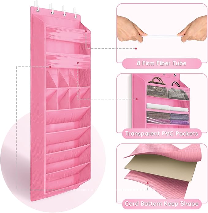 FENTEC 1 Pack 8 Shelves Over The Door Shoe Organizer,68" Exlarge Deep Pockets Hanging Shoe Organizers, Shoe Rack for Closet, Shoe Holder for Boots,Over Door Organizer in Home, RV, Dorm, Pink-NeatNest