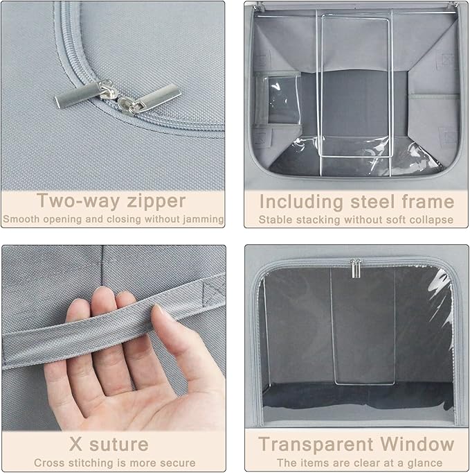 Clothes Storage Box Bins Stackable Foldable Organizer,Sturdy Handles with Metal Frame for Clothing Bedding Shelves,Closet Container with Clear Window Zipper and Label Holder (Gray, 66L x3 Pack)-NeatNest