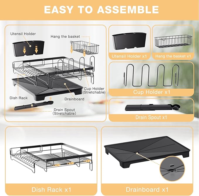Dish Drying Rack Extendable Dish Rack Rustproof Carbon Steel with Drainboard & Cutlery Holder – Extra Large Capacity Dish Drainer Countertop Dish Strainer for Kitchen Utensils, Plates, Spoons & Forks