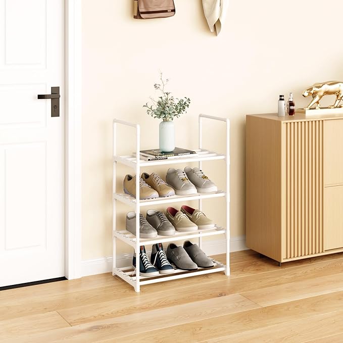 Metal Stackable Small Shoe Rack Organizer, Narrow Shoe Racks for Closets Entryway, Shoe Stand,Shoe Shelf with Handle (4-Tier-White)-NeatNest