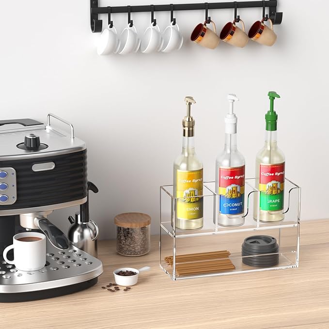 Coffee Condiment and Cup Organizer - 2-Tier Upright Cup and Lid Holder with Straw Organizer 4 Compartments Clear Acrylic Cup Dispenser for Restaurant Breakroom Coffee Station Countertop-NeatNest