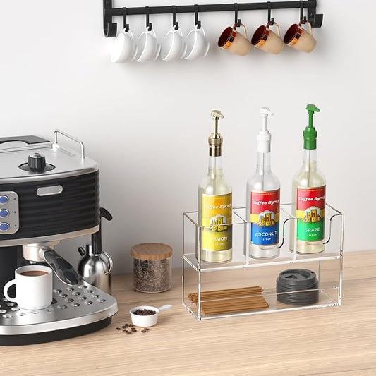 Coffee Condiment and Cup Organizer - 2-Tier Upright Cup and Lid Holder with Straw Organizer 4 Compartments Clear Acrylic Cup Dispenser for Restaurant Breakroom Coffee Station Countertop-NeatNest