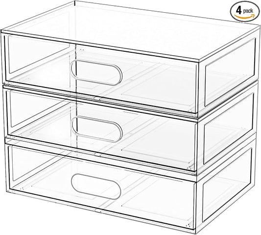 Clear Makeup Storage Drawer, 12''W Stackable Bathroom Organizers and Storage Drawer, Acrylic Cosmetic Display Case For Vanity, Undersink, Cabinets, Desk Organizer (3 Pack)-NeatNest