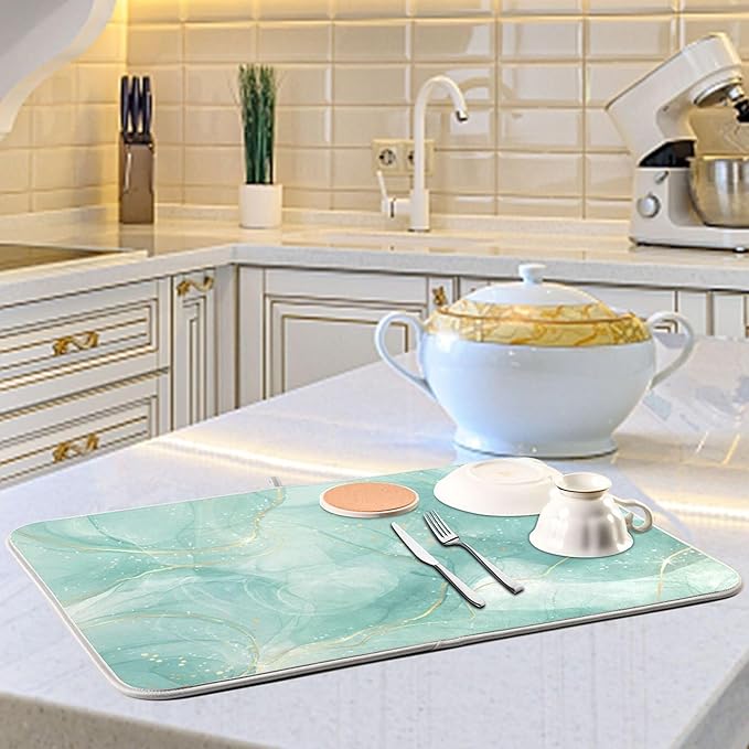 Dish Drying Mats for Kitchen Counter Green Turquoise Cyan Mint Liquid Microfiber Drying Matt for Countertop Sink Dishes Medium 16 x 18 Inches