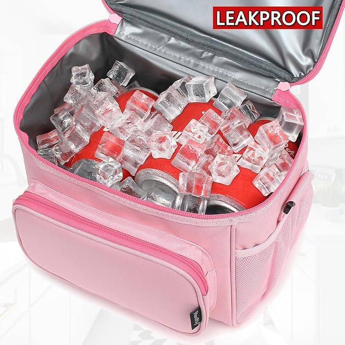 FlowFly Insulated Reusable Lunch Bag Adult Large Lunch Box for Women and Men with Adjustable Shoulder Strap,Front Zipper Pocket and Dual Large Mesh Side Pockets,Pink-NeatNest