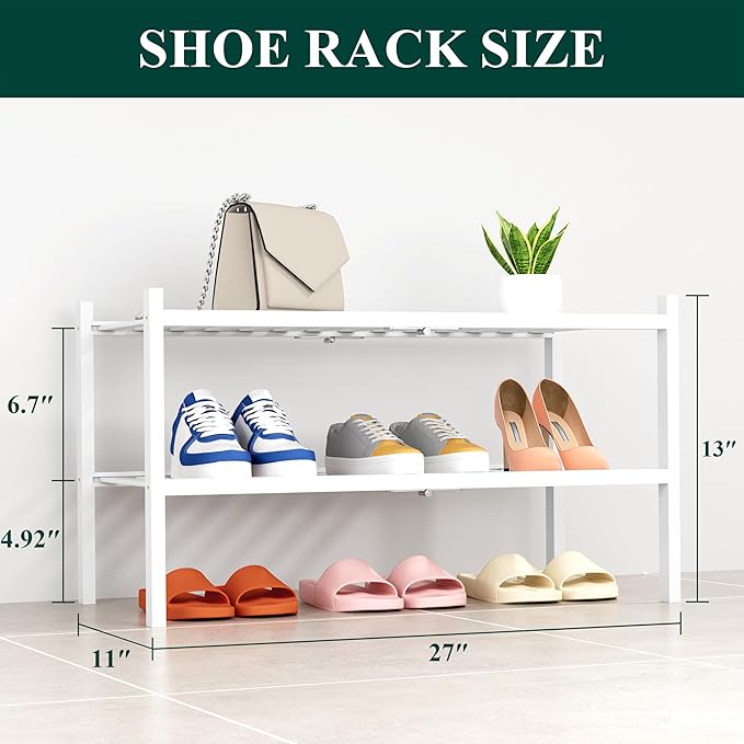 Smiry Shoe Rack, 2 Tier Thick Bamboo Shoe Organizer, Stackable Free Standing Wooden Shoe Storage Shelf for Closet, Entryway, Front Door Entrance, White-NeatNest