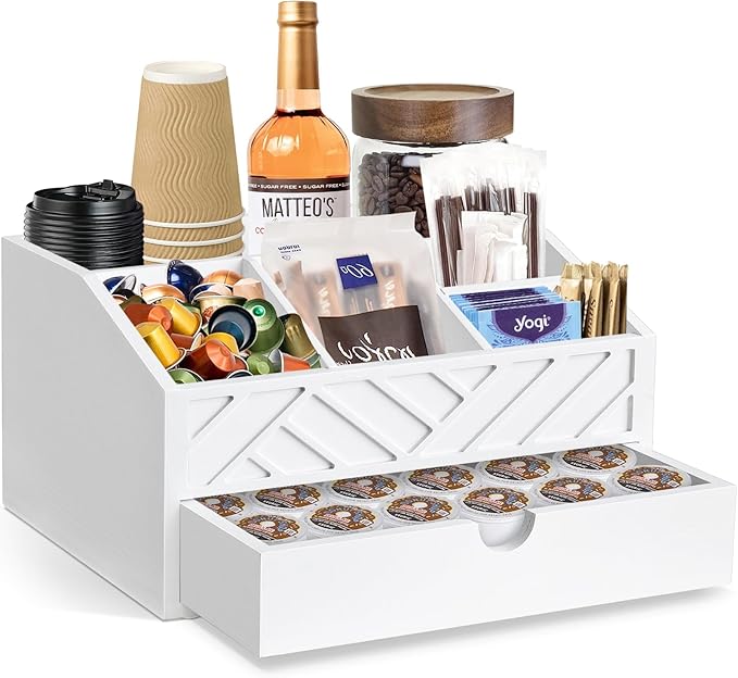 Coffee Bar Organizer with Drawer, Coffee Station Organizer for Countertop, Wood Coffee Bar Accessories Organizer for Coffee Bar Decor, Farmhouse Coffee Cup Pod Holder Condiment Organizer(White)-NeatNest