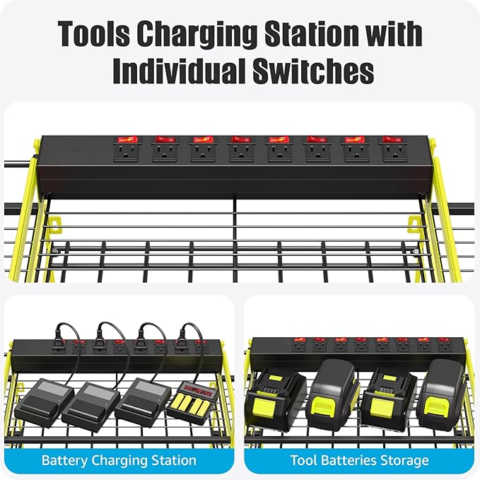 CCCEI Green Power Tool Organizer Wall Mount, Large Tools and Battery Storage Rack Charging Station Individual Switches. Drills Holder, Garage Utility Shelves with 6FT Power Strip. Gift for Men.-NeatNest