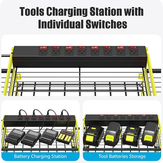 CCCEI Green Power Tool Organizer Wall Mount, Large Tools and Battery Storage Rack Charging Station Individual Switches. Drills Holder, Garage Utility Shelves with 6FT Power Strip. Gift for Men.-NeatNest