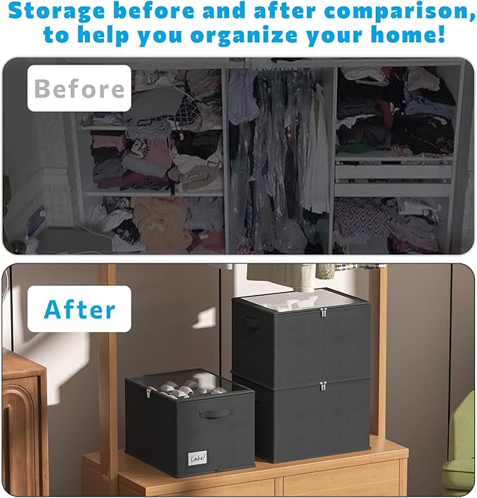 2 Pack Shoe Organizer for Closet - Shoe Storage Bins with Clear Cover, Fabric Shoe Storage Containers with Reinforced Handles, Fits up to 24 Pairs (Black, 16.5 * 12.6 * 12.2in)-NeatNest