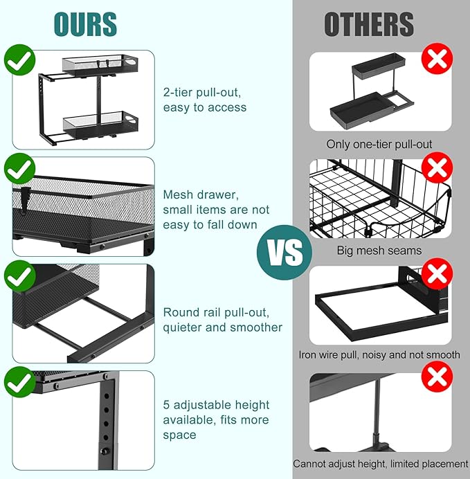 1 Pack Under Sink Organizer, 2 Tier Metal Pull Out Under Sink Storage with Sliding Mesh Drawers, Height Adjustable Slide Out Under Sink Organizer for Kitchen Bathroom Cabinet, Black-NeatNest