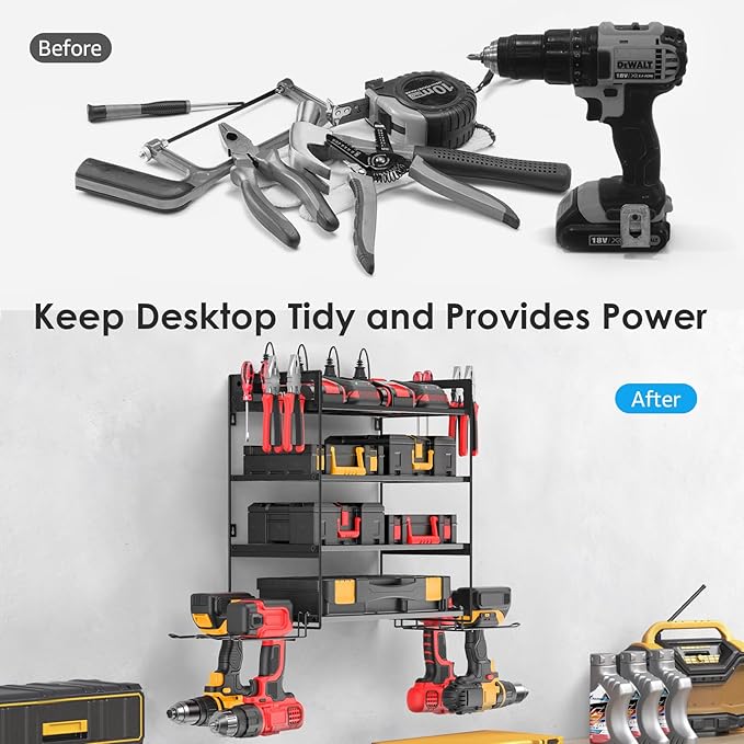 CCCEI Garage Tools Storage with Charging Station. Power Tool Battery Organizer Utility Shelf with Power Strip. 4 Drills Holder Wall Mount Rack, Black 4 Layer.-NeatNest