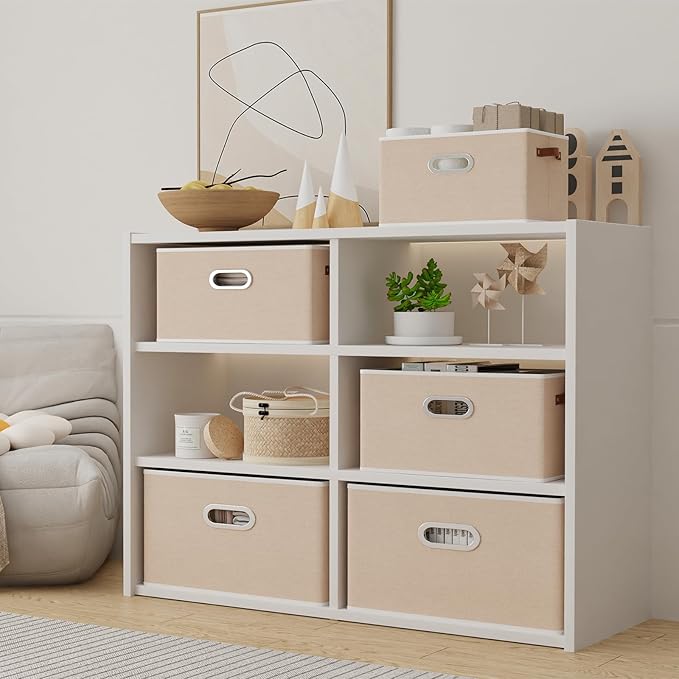 Yawinhe Collapsible Storage Box, Cube Storage Basket, Fabric Foldable Storage Bins Organizer Containers with Dual Leather Handles for Home Bedroom Closet Office,15.0 x 9.8 x 8.3 Inch, (Beige, 4-Pack)-NeatNest