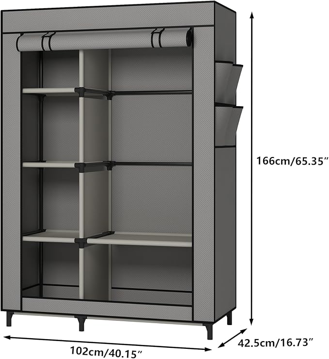 Calmootey Portable Closet Organizers, Clothing Storage, Wardrobe with 6 Shelves and Hanging Rod, Non-Woven Fabric Cover with 4 Side Pockets, Grey-NeatNest