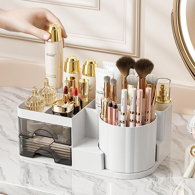 Makeup Organizer for Vanity with 2 Drawers,Countertop Rotating Makeup Brush Holder,Bathroom Organizer Holder,Cosmetic Display Case for Lipstick,Beauty,Skincare Organizer (White)-NeatNest