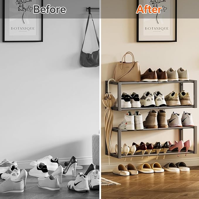 Homeiju Hanging Shoe Organizer,2 Pack Wall Mounted Shoe Rack Holds 12 Pairs,Space Saving Metal Wall Shoe Rack,Hanging Shoe Rack Shoe Holder for Small Space,Entryway,Closet,RV,Camper (Grey)-NeatNest