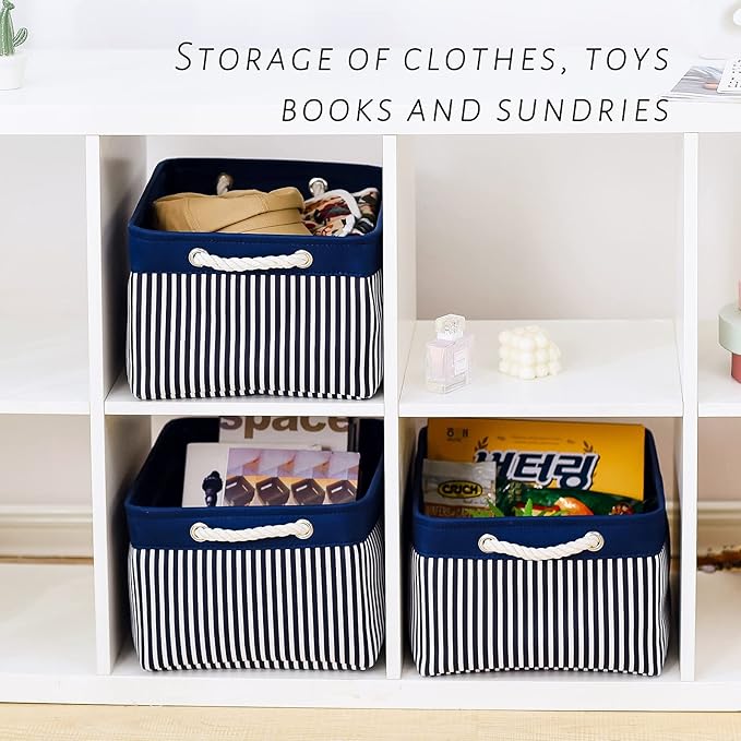 TcaFmac Storage Basket for Organizing - Large 4 Pack Foldable Storage Bins Baskets for Shelves with Ropes, Fabric Storage Cubes for Cloth Toy Gift Kids (Navy & White 16x12x8 inch)-NeatNest