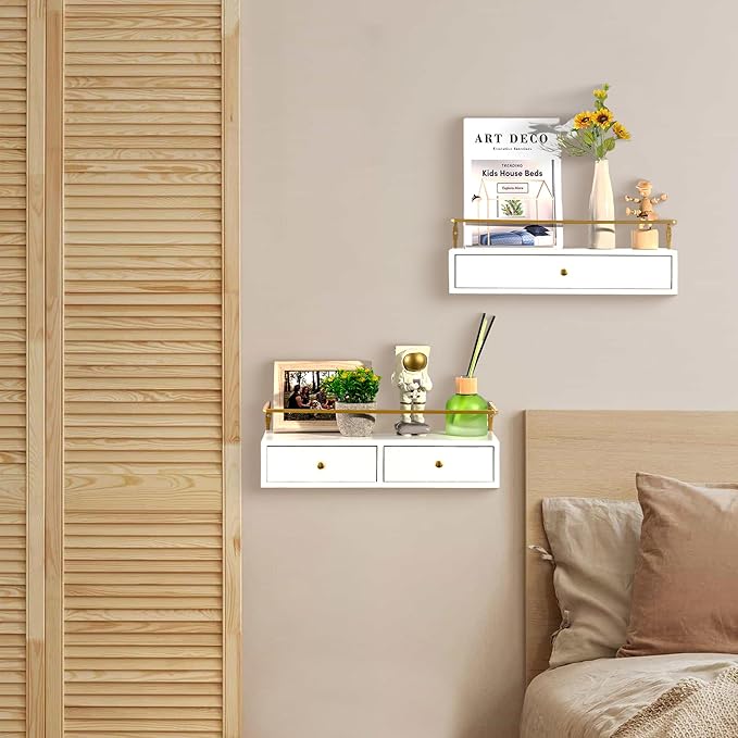 Floating Shelves With Drawers Set of 2, Wall Mounted Bathroom Storage, Rustic Wood Shelves for Bedroom, Living Room, Kitchen, Home Decor, Plants, Books (White)-NeatNest