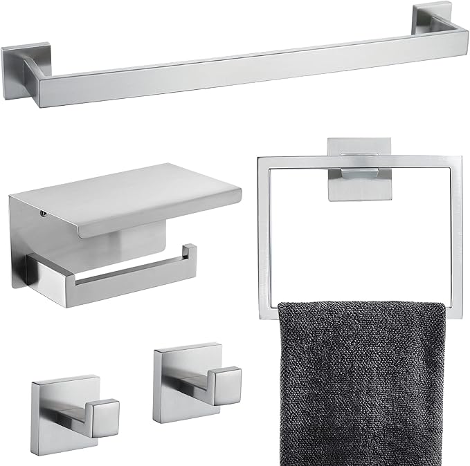 Brushed Nickel Bathroom Towel Bar Set Bathroom Accessories Hardware Set Including Towel Bar Towel Ring Coat Hook and Toilet Paper Holder with Shelf. Wall Mounted Stainless Steel-NeatNest