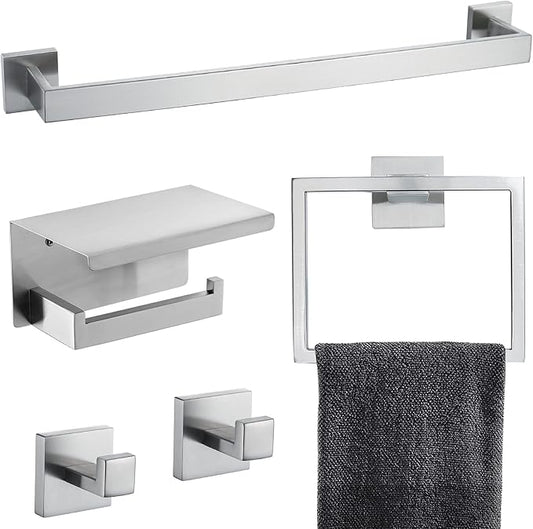Brushed Nickel Bathroom Towel Bar Set Bathroom Accessories Hardware Set Including Towel Bar Towel Ring Coat Hook and Toilet Paper Holder with Shelf. Wall Mounted Stainless Steel-NeatNest