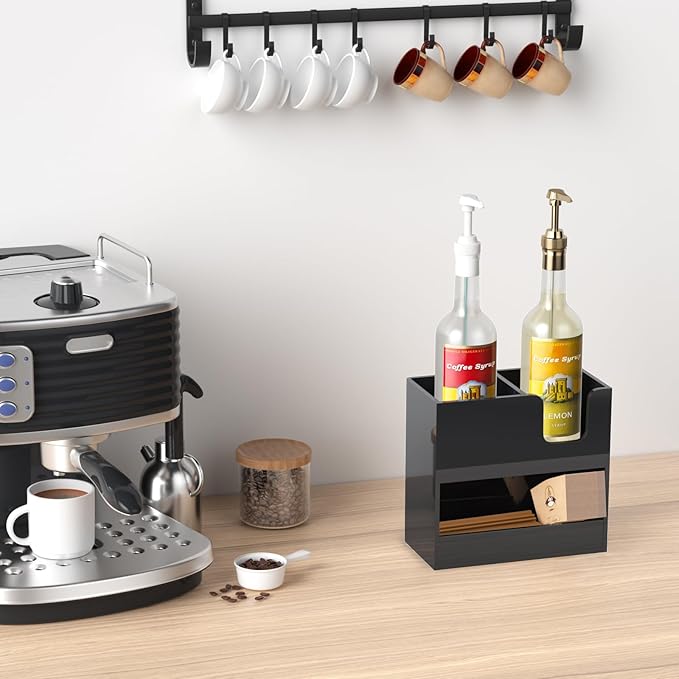 Coffee Condiment and Cup Organizer - 2-Tier Upright Cup and Lid Holder with Straw Organizer 3 Compartments Black Acrylic Cup Dispenser for Restaurant Breakroom Coffee Station Countertop-NeatNest