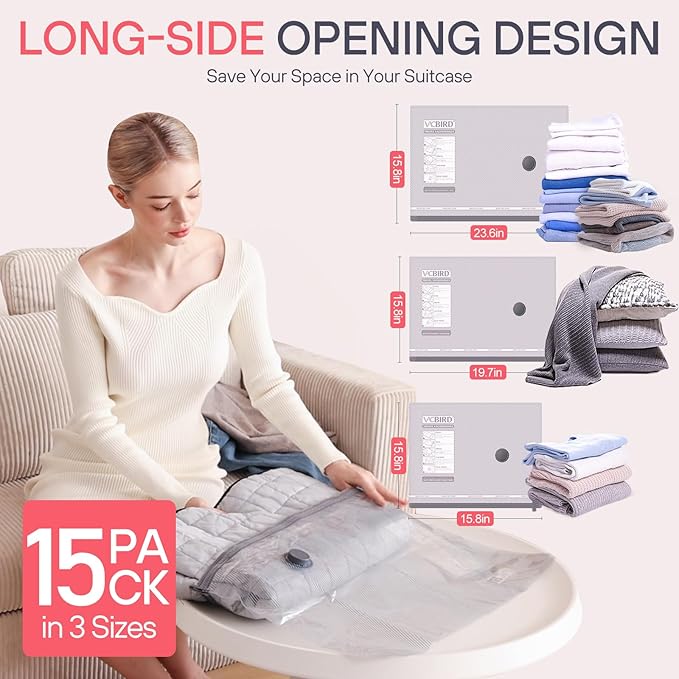 VMstr Vacuum Storage Bags With Electric Pump (D/C Powered), 15 Pack Travel Compression Sealing Bags for Clothes and Clothing Luggage Suitcase Packing, Carry-on Travel Size-NeatNest