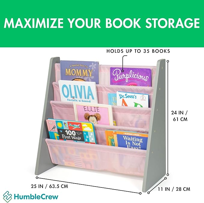 Humble Crew 4-Tier Kids Bookshelf, Grey Wood/Pink - Premium Book Shelf for Kids Rooms with Four Deep Pockets - Toddler Sling Book Rack with Deep Sleeves, Nursery Bookcase Organizer