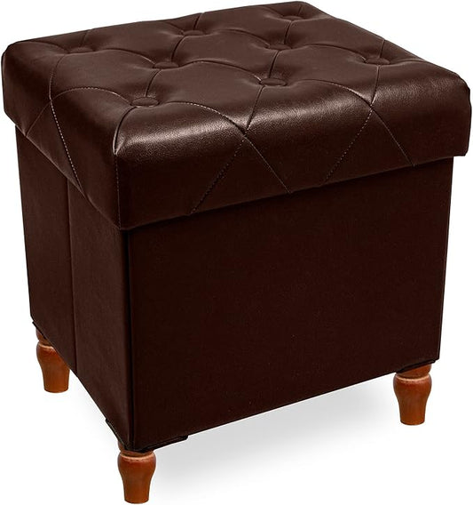 CAROLMADE Folding Storage Ottoman Cube PU Leather Footstool with Wood Legs Ottoman Footrest for Living Room and Bedroom Brown, 15x12.6 x 15.4”-NeatNest
