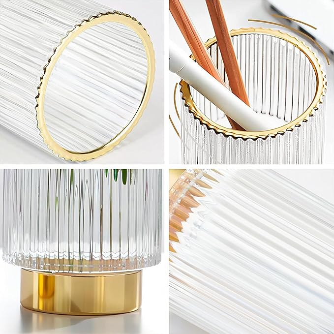 DASITON Makeup Brush holder Organizer,Crystal Cosmetic Makeup Brush Glass Brushes Storage Holder, Vintage Make Up Brush Cup Pen Pencil Holder striped vase(Clear S+L)-NeatNest