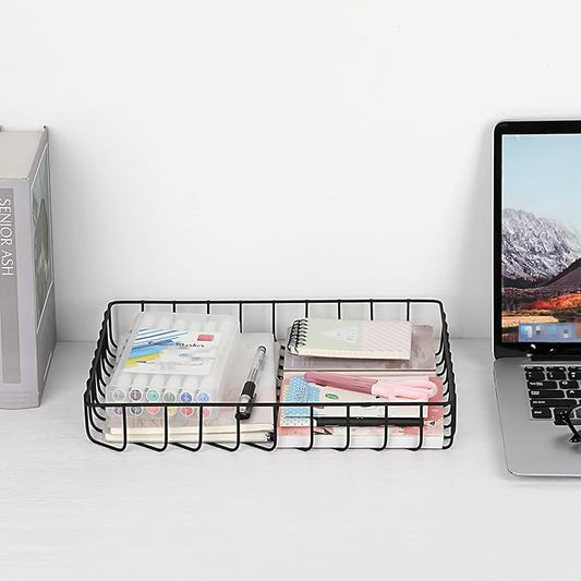BTSKY Multipurpose A4 File Tray Wire Desk Organizer - Elegant Letter Size Documents Storage Basket for Office, Cosmetics, Bathroom (Black)-NeatNest
