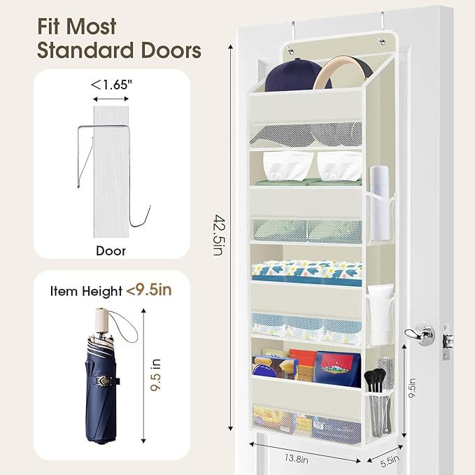 1 Pack Over The Door Organizer, Hanging Storage Organizer with Clear Window, 40lb Ultra Sturdy Large Capacity Room Organizer for Pantry Bathroom Nursery Closet Baby Essential (Beige)-NeatNest