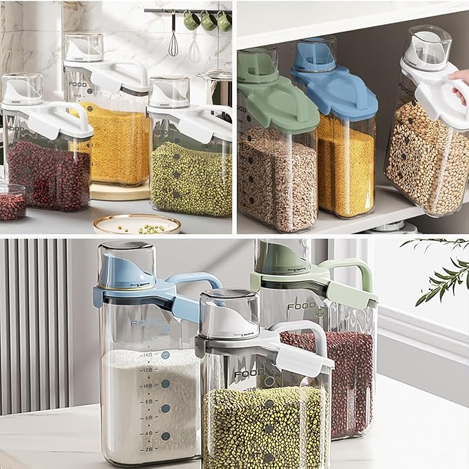 2 PCS Airtight Storage Containers, 2.8L/95fl.oz Cereal Rice Holder, Dog Cat Food Dispenser with Measuring Cup, BPA Free Clear Plastic Kitchen Pantry Organization Bin, 1 Blue+1 White-NeatNest