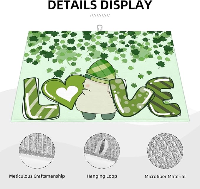 Green Clover Love Dish Drying Mat 18x24 For Kitchen Counter Absorbent Microfiber Dishes Pad Dish Drainer Rack Mats Fast Dry Kitchen Accessories