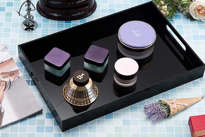Glossy Black Sturdy Acrylic Serving Tray with Handles-12x16Inch-Serving Coffee,Appetizer,Breakfast,Butler-Kitchen Countertop Tray-Makeup Drawer Organizer-Vanity Table,Ottoman Trays-DecorativeTray-NeatNest