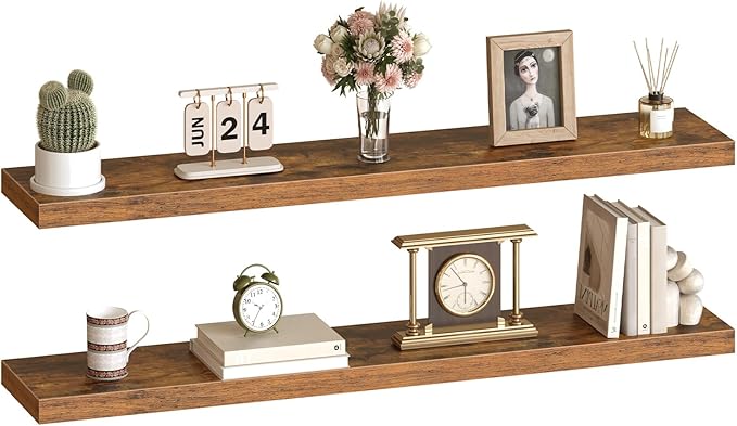 HOOBRO Floating Shelves for Wall, Wall Mounted Shelf Set of 2, 55" Hanging Shelf with Invisible Brackets, for Wall in Bathroom, Bedroom, Toilet, Kitchen, Living Room, Office, Rustic Brown BF140BJP201-NeatNest