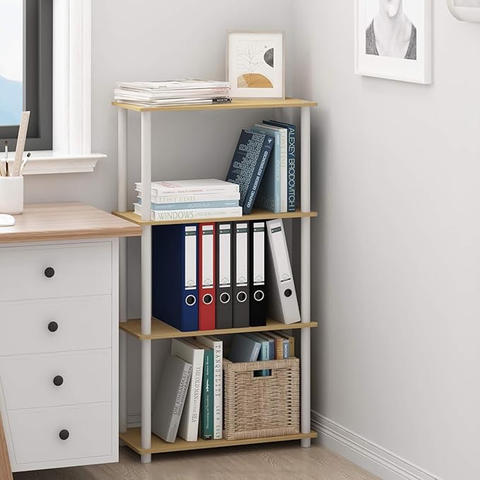 Furinno Turn-N-Tube 4-Tier Multipurpose Shelf Display Rack, Round Tubes, Blonde Maple/White-NeatNest