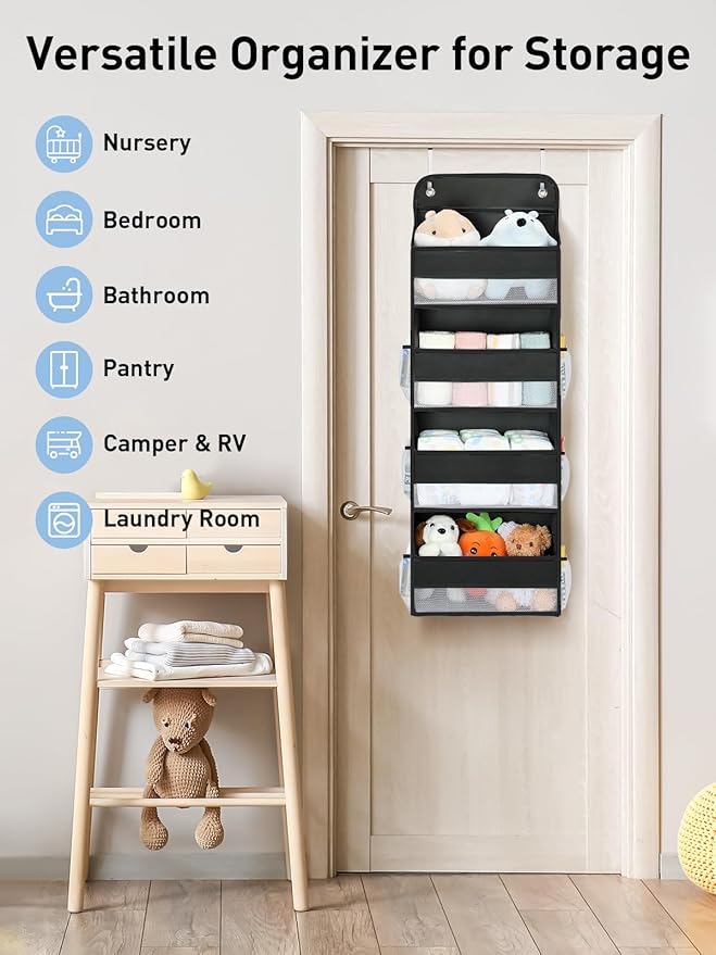Yecaye 1 Pack Over the Door Organizer, 35.2lbs Load Toy Stuffed Animal Storage, Swing-proof Hanging Bathroom Organizers and Storage for Nursery Newborn Baby Essential Stuff Black-NeatNest