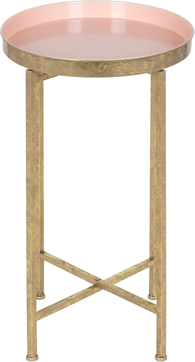 Kate and Laurel Celia Round Metal Foldable Tray Accent Table, Pink with Gold Base