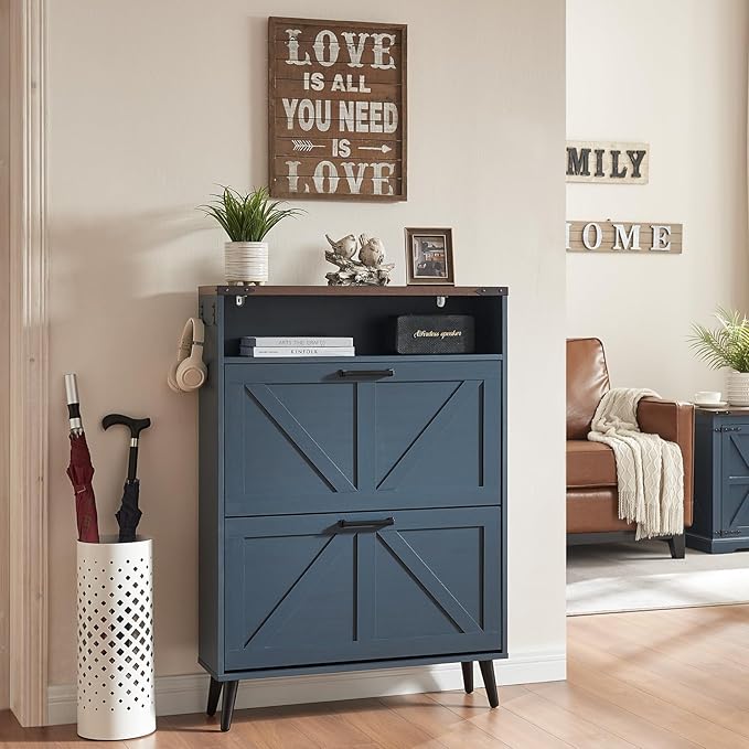 Shoe Storage Cabinet,Farmhouse Shoe Organizer with 2 Flip Drawers & Barn Door Design,Freestanding Hidden Slim Narrow Shoe Rack Cabinet with Open Storage for Entryway, Foyer,Hallway,Blue-NeatNest