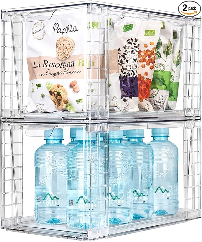 2Pack Large Stackable Kitchen Storage Drawers, Clear Foods Organizer Bins with Handles, Easily Assemble for Bathroom, Kitchen, Pantry, Cabinet, Closet(XL-UP Handle)-NeatNest