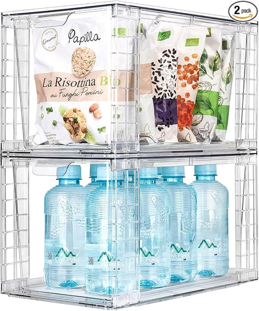 2Pack Large Stackable Kitchen Storage Drawers, Clear Foods Organizer Bins with Handles, Easily Assemble for Bathroom, Kitchen, Pantry, Cabinet, Closet(XL-UP Handle)-NeatNest